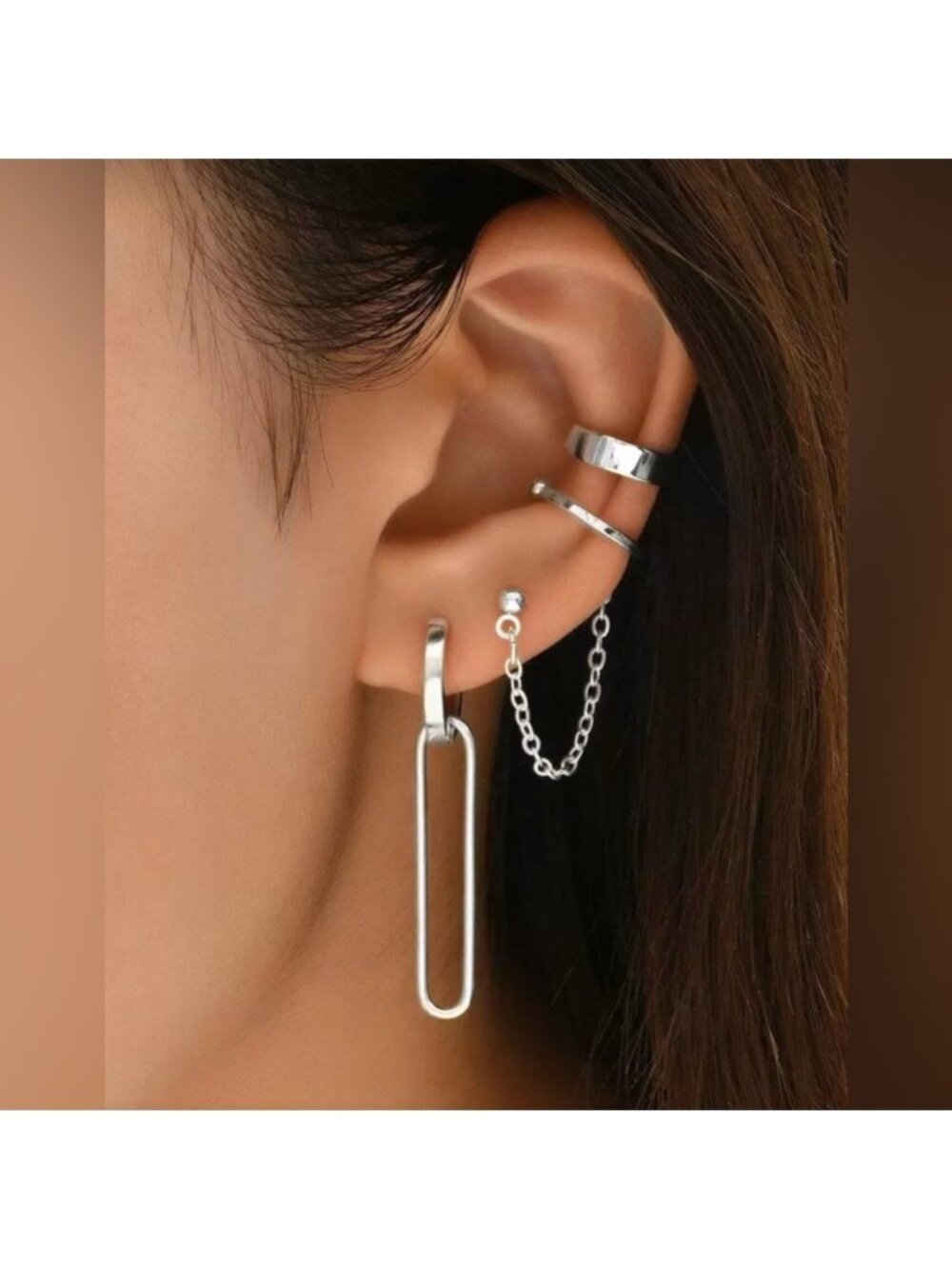 Silver Tone 4PC Earring & Ear Cuff Set Chain Dangle Paperclip Hoop Stack